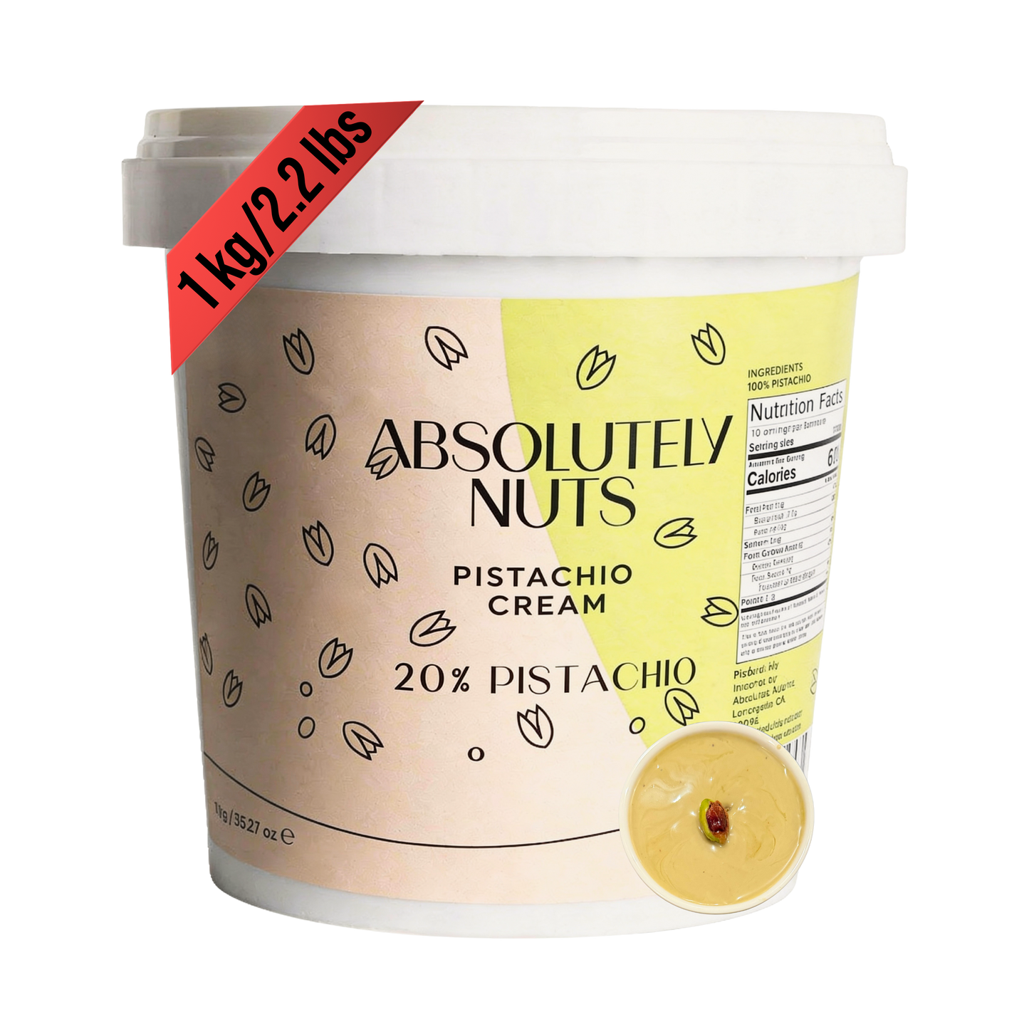 Container of Absolutely Nuts Pistachio Cream with a label showing pistachio pieces.