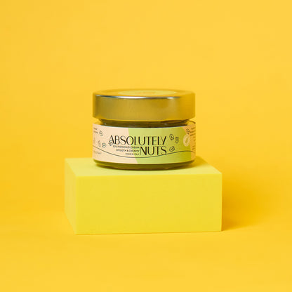 Jar of 'Absolutely Nuts' on a yellow background
