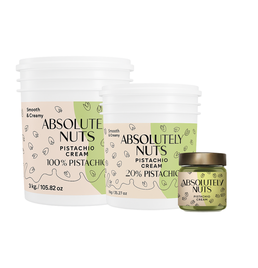 Three jars of Absolutely Nuts Pistachio Cream on a white background
